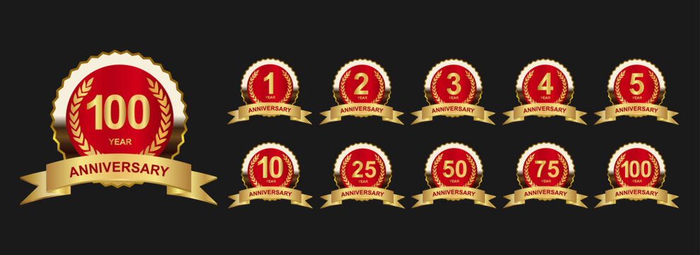 Collection of anniversary symbols. Anniversary celebration design premium badge red gold color for company profile, booklet, flyer, magazine, brochure, web, invitation or greeting card.