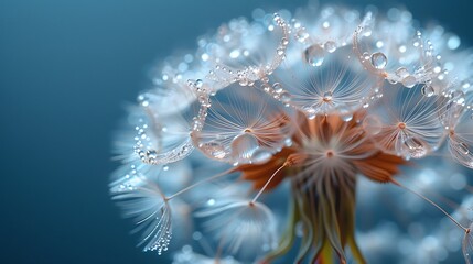 8K resolution photograph of a blooming dandelion seed head, each individual seed parachute in sharp focus, morning dew glistening on delicate filaments, shallow depth of field, 