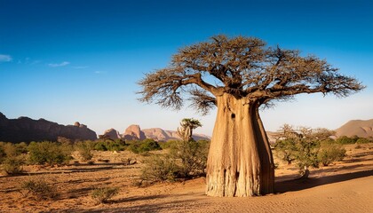 Obraz premium Close-up of a baobab tree against a desert background. Scorching heat, sunshine. Desert landscape. Generative AI