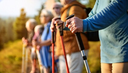 Close-up of a Nordic walking stick, group of seniors doing hiking. ecological tourism. Generative AI