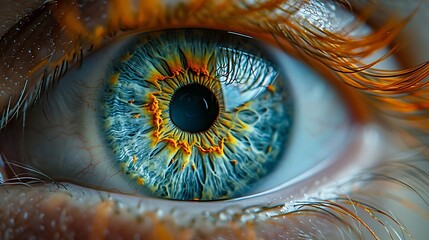 Extreme close-up of a human iris, intricate patterns and color variations visible, reflection of photographer in pupil, shot on professional DSLR camera, shallow depth of field, 