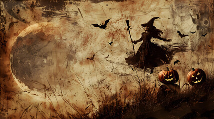 Vintage classic Halloween image old-fashioned jack-o'-lanterns pumpkins black cats witches on broomsticks nostalgic festival holiday festive celebration backdrop background cartoon drawing