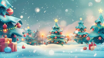 Christmas background with Christmas trees and decorations on snow, Christmas tree toy boxes, Christmas lights, Christmas background with bokeh effect.