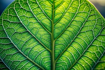 Fototapeta premium Vibrant green leaf with intricate veins and delicate ridges, showcasing natural texture and subtle sheen, isolated on a soft focus background.