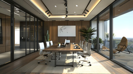 Illustration of business open modern office conference room meeting daytime daylight Working culture chill happy enjoy workplace work life balance plant green interior sustainable design contemporary