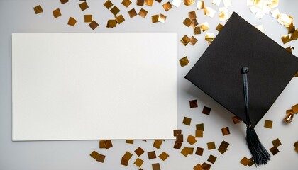 Elegant aesthetic invitation mockup for graduation with academic cap. Light background with confetti. Generative AI