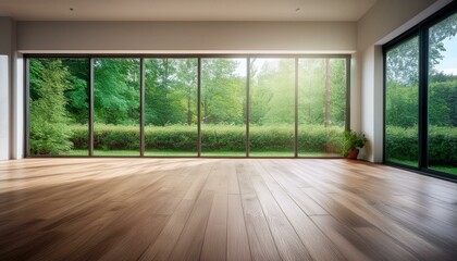 Fototapeta premium Empty room of modern contemporary loft with wooden floor and large windows to garden. Copy space. Generative AI