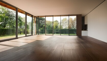 Empty room of modern contemporary loft with wooden floor and large windows to garden. Copy space. Generative AI