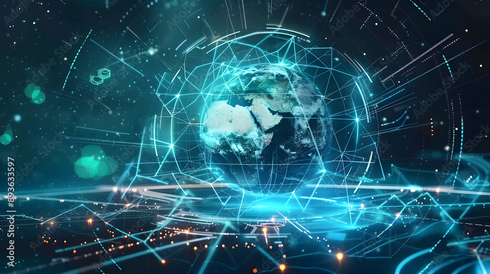 Wall mural futuristic digital planet earth space global map technology starry cosmic atmosphere data neural net