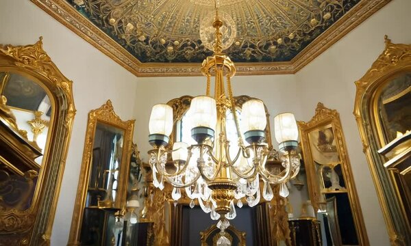 Capture the opulence of a classic French chateau interior, with ornate furnishings, intricate moldings, and rich fabrics exuding timeless elegance for 4K hyperrealistic video.