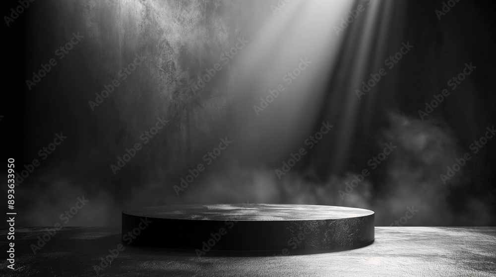 Poster black cylindric podium stage platform with spotlight and light beams background. black podium mock u