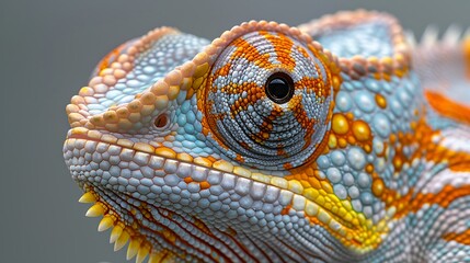 Fototapeta premium Hyper-realistic close-up of a chameleon's skin, color-changing chromatophores in action, scales and ridges in tack-sharp focus, shot on professional DSLR camera, 