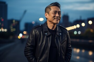 Fototapeta premium Portrait of a glad asian man in his 50s sporting a classic leather jacket on vibrant city skyline