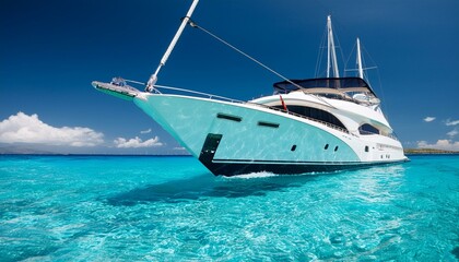 Naklejka premium Low angle view on luxury yacht from the paradise turquoise ocean water surface. Sunny day in tropic sea. Generative AI