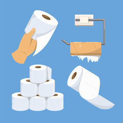Toilet paper set. Vector illustration of soft white rolls. Hand holding towel. Toilet paper roll on metal holder.