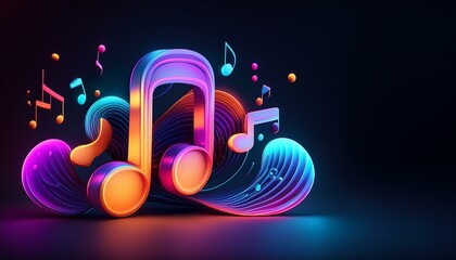 Fototapeta premium Mix of 3d musical notes with soft shapes, neon colors, black background, copy space, disco party concept. Generative AI