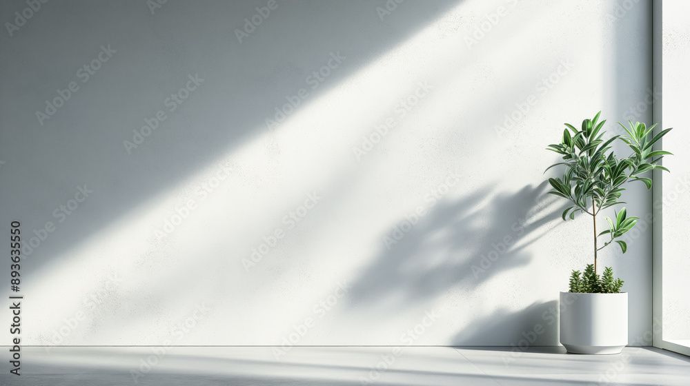 Poster white sunny studio room with plant and window sunlight, empty minimalistic room background. empty sp