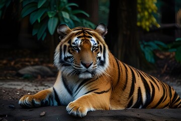 A tiger in a forest on a black background shows in the zoo. Generative AI