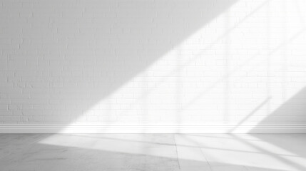 White empty studio room with sunlight shadows from window and concrete floor with white brick wall background, empty white space room mock up with sunlight, white room space interior
