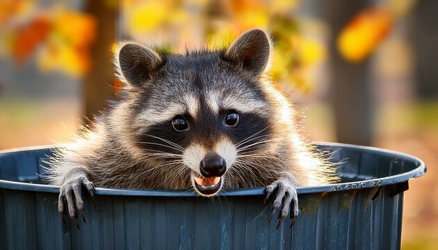 Raccoon in trash can leans out mouth open autumn. AI generated
