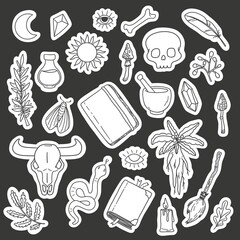 Magical witchcraft sticker pack, mystical elements, icons, cliparts. Line art illustration. Mysticism. Halloween. Printable