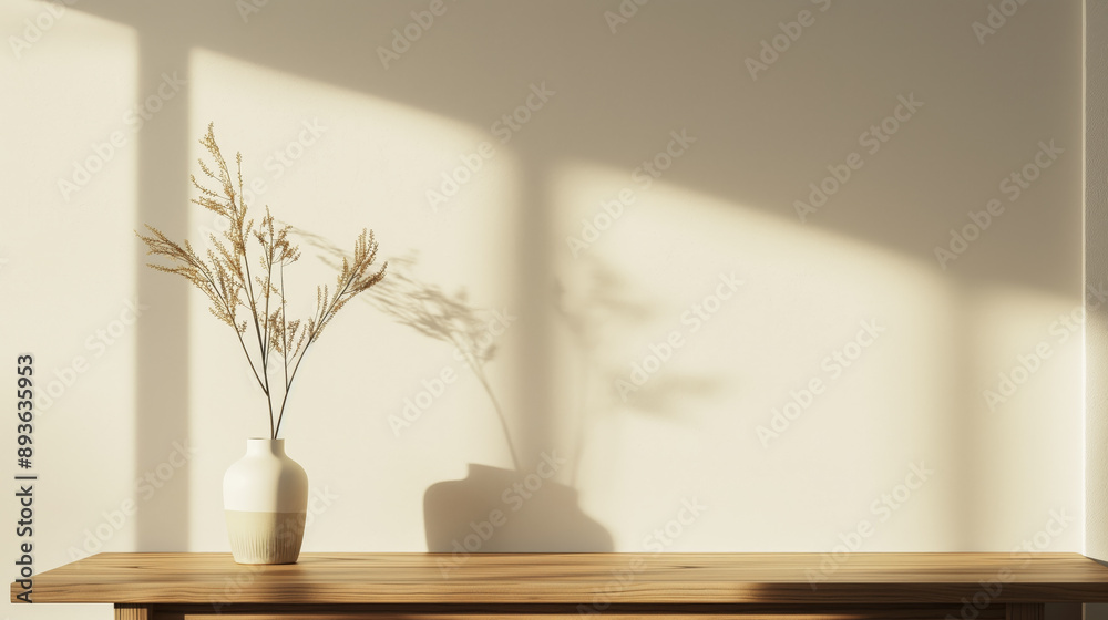 Poster warm light table in the room with window sunlight and minimalistic vase with lovely soft shadows, wooden table in room with warm soft light and pastel color wall with empty space