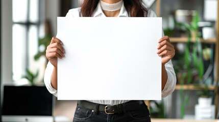 women holds a white empty sign in her hands in front of herself on the blurred background of the office, person holds white empty display mock up in his hands in the office, white copy space mock up