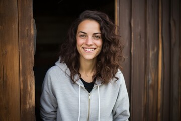 Fototapeta premium Portrait of a grinning woman in her 30s sporting a comfortable hoodie in rustic wooden wall