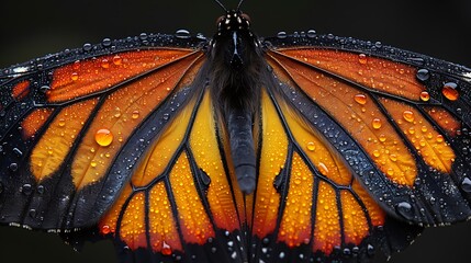 Ultra-detailed photograph of a monarch butterfly wing scale, microscopic ridge structures visible, vibrant orange pigments and black border in focus, exquisite detail, 