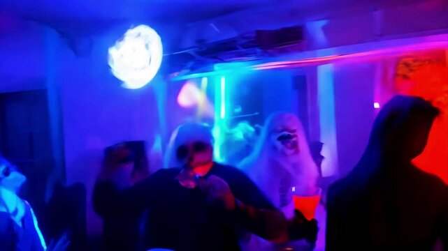 Group of adult friends in spooky Halloween costumes of monsters having fun and dancing at scary party.