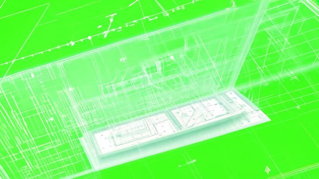 Fly through animation of a technical blueprint drawing on a green screen. Perfect for architecture, engineering, and design.