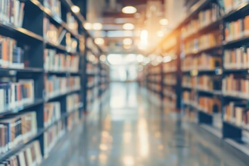 Obraz premium Abstract defocused quiet university library environment. Perfect for bookstore business or educational content. Blurred study room with bookcases