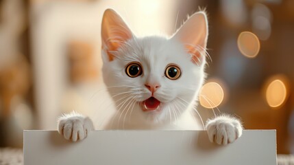 The white cat with a smile is holding a long white paper blank