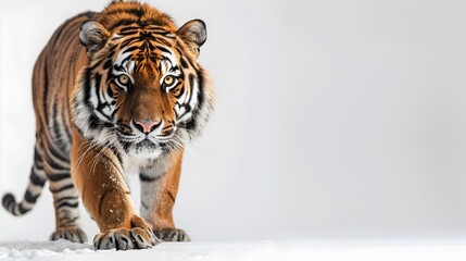 Obraz premium Striking Bengal Tiger Walking Purposefully on White Background with Copy Space