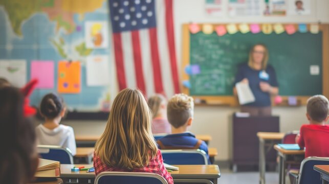 a teacher in a classroom, holding a book, with an American flag displayed prominently on the wall. - Powered by Adobe