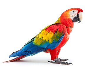 Fototapeta premium Vibrant Macaw Parrot Perched with Wings Open on White Background with Copy Space