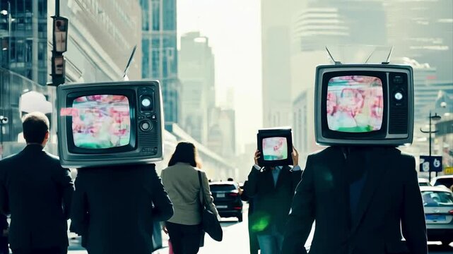 A few of people with working TV instead head, walking on city street, propaganda manipulation by using mass media.