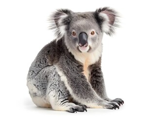 Serene Koala Sitting on Hind Legs Against Isolated White Background