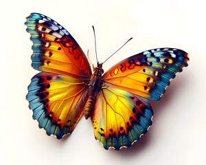 Colorful Butterfly with Vibrant Wings Spread Open on a White Background