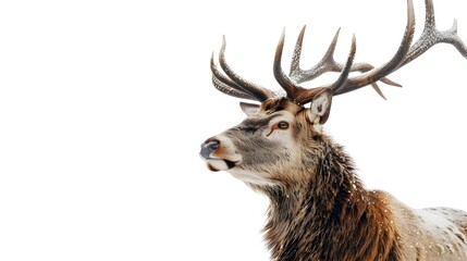 Magnificent Stag with Large Antlers Standing Proud on White Background
