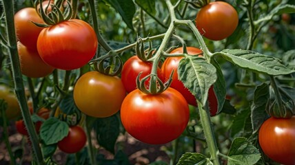 Lush plant with fresh organic tomatoes ready for harvest