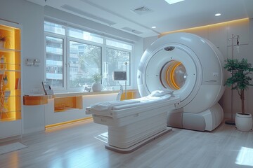 Modern MRI scanning machine in a pristine hospital room with natural light through large windows, ready for patient diagnostics.