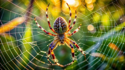 Obraz premium Vibrant close-up captures mesmerizing detail of a garden spider intricately weaving its ornate web, showcasing the arachnid's remarkable artistry and engineering prowess in natural light.