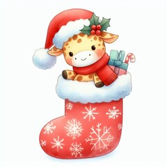 Cute cartoon giraffe wearing Santa hat in a Christmas stocking with presents.