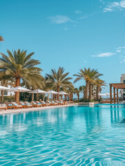 Luxury hotel poolside with palm trees and sun loungers