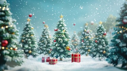 3d rendering of Christmas trees with snow and decoration on blue background.