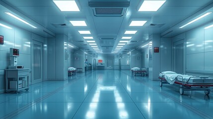 Fototapeta premium Spacious, modern hospital corridor with empty patient beds and medical equipment, illuminated by bright ceiling lights.