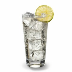 A tall glass filled with club soda and ice cubes garnished with a lime wedge