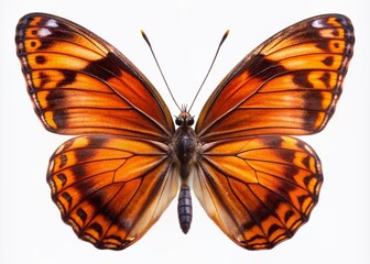 Fototapeta premium Delicate wings spread wide, a solitary butterfly showcases its vibrant orange and black pattern as it takes flight against a transparent background.