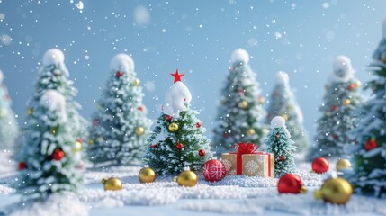 3d rendering of Christmas trees with snow and decoration on blue background.